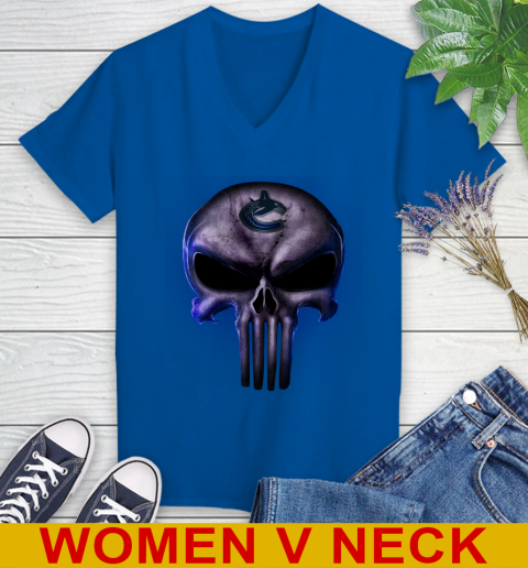 Vancouver Canucks NHL Hockey Punisher Skull Sports Women's V-Neck T-Shirt 9