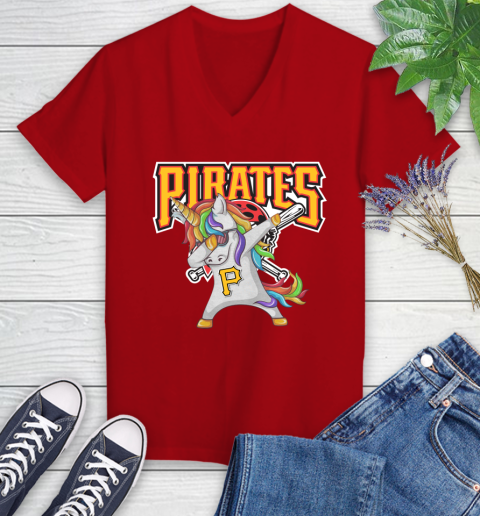 Pittsburgh Pirates MLB Baseball Funny Unicorn Dabbing Sports Women's V-Neck T-Shirt 12