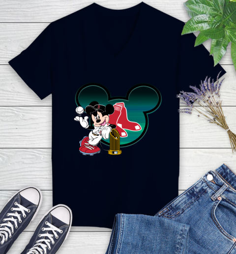 MLB Boston Red Sox The Commissioner's Trophy Mickey Mouse Disney Women's V-Neck T-Shirt 3