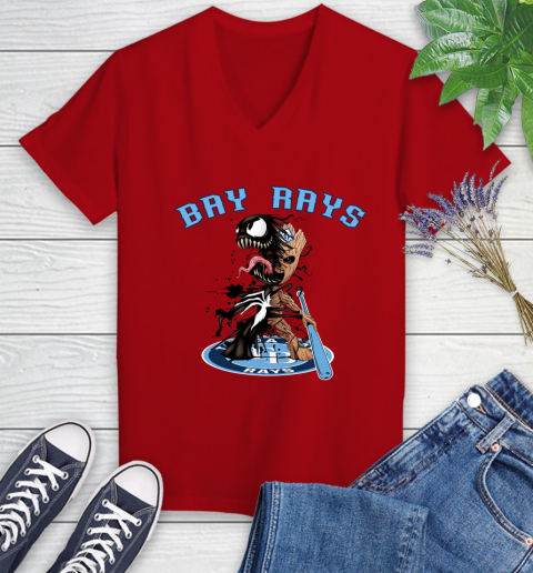 MLB Tampa Bay Rays Baseball Venom Groot Guardians Of The Galaxy Women's V-Neck T-Shirt 12