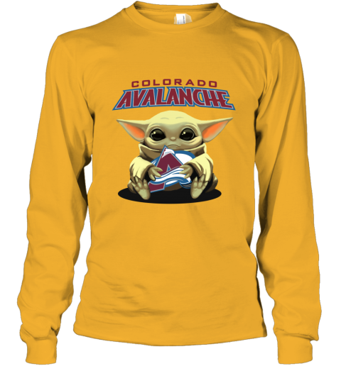 uvcz baby yoda hugs the colorado avalanche long sleeve tee 14 front gold