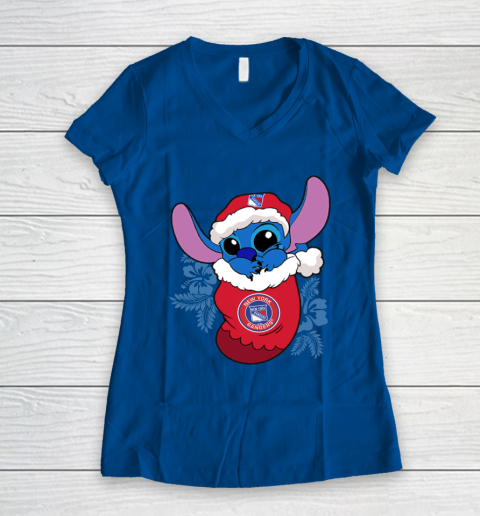 New York Rangers Christmas Stitch In The Sock Funny Disney NHL Women's V-Neck T-Shirt 9