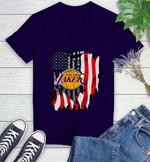 Los Angeles Lakers NBA Basketball American Flag Women's V-Neck T-Shirt 3