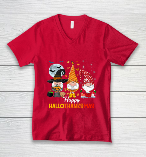 Gnomes Halloween And Merry Christmas Happy Hallothanksmas V-Neck T-Shirt 6