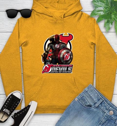NHL Captain America Thor Spider Man Hawkeye Avengers Endgame Hockey New Jersey Devils Youth Hoodie 3