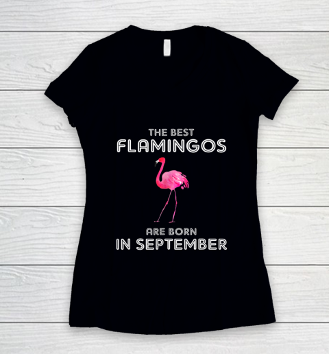 Birthday Shirt Best Flamingos are Born in September For Girl Women's V-Neck T-Shirt