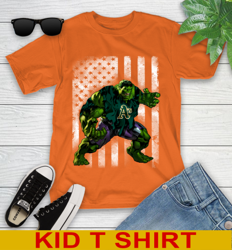 Oakland Athletics Hulk Marvel Avengers MLB Baseball American Flag Youth T-Shirt 8
