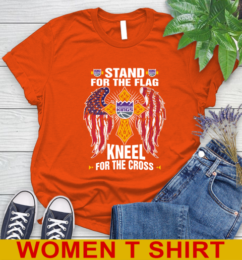 NBA Basketball Sacramento Kings Stand For Flag Kneel For The Cross Shirt Women's T-Shirt - Image 4