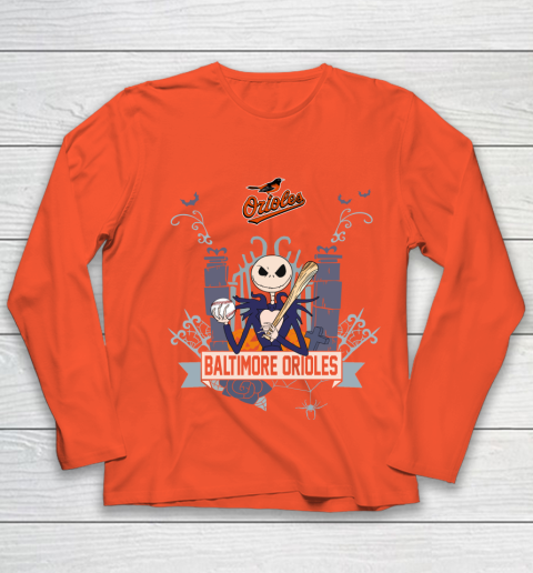 MLB Baltimore Orioles Baseball Jack Skellington Halloween Youth Long Sleeve 3