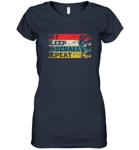 xlqb vintage retro eat sleep baseball repeat funny sport player women v neck t shirt 39 front navy