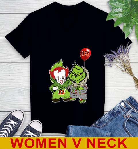 Cincinnati Bengals Baby Pennywise Grinch Christmas NFL Football Women's V-Neck T-Shirt 2