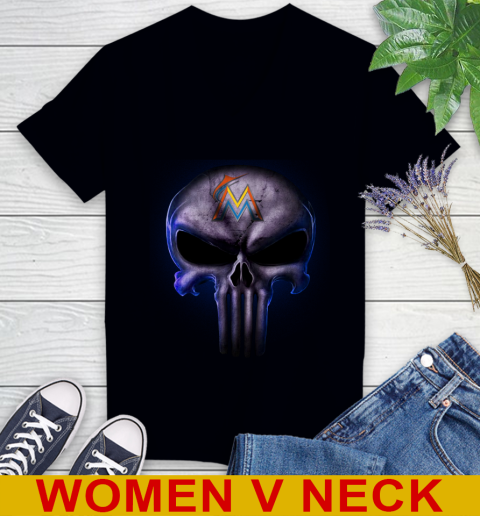 Miami Marlins MLB Baseball Punisher Skull Sports Women's V-Neck T-Shirt