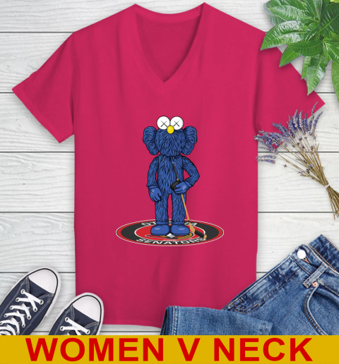 NHL Hockey Ottawa Senators Kaws Bff Blue Figure Shirt Women's V-Neck T-Shirt 10