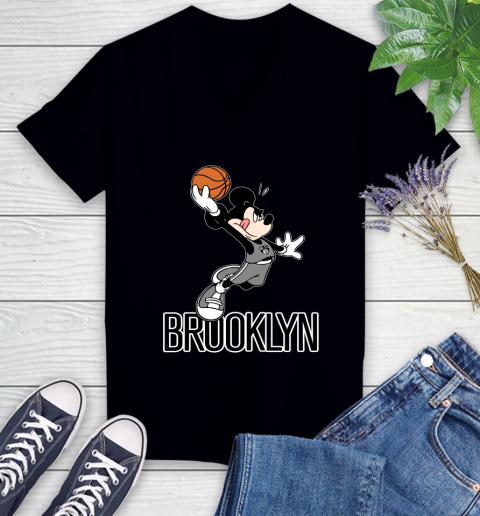 NBA Basketball Brooklyn Nets Cheerful Mickey Mouse Shirt Women's V-Neck T-Shirt