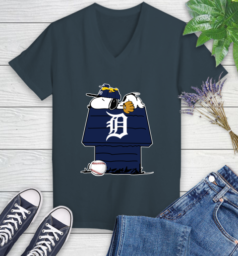 MLB Detroit Tigers Snoopy Woodstock The Peanuts Movie Baseball T Shirt Women's V-Neck T-Shirt 8