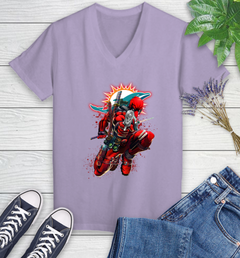 NFL Deadpool Marvel Comics Sports Football Miami Dolphins Women's V-Neck T-Shirt 14