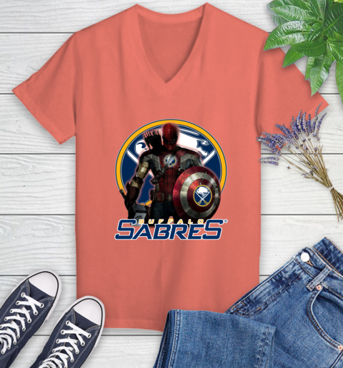 NHL Captain America Thor Spider Man Hawkeye Avengers Endgame Hockey Buffalo Sabres Women's V-Neck T-Shirt 6