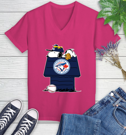 MLB Toronto Blue Jays Snoopy Woodstock The Peanuts Movie Baseball T Shirt Women's V-Neck T-Shirt 9