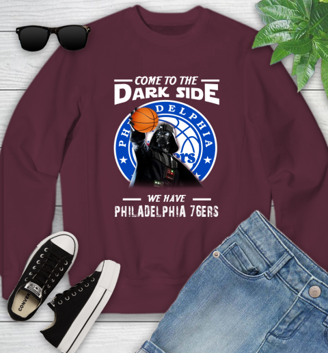 NBA Come To The Dark Side We Have Philadelphia 76ers Star Wars Darth Vader Basketball Youth Sweatshirt 4