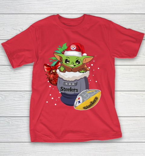 Pittsburgh Steelers Christmas Baby Yoda Star Wars Funny Happy NFL Youth T-Shirt 9