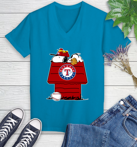 MLB Texas Rangers Snoopy Woodstock The Peanuts Movie Baseball T Shirt Women's V-Neck T-Shirt 7