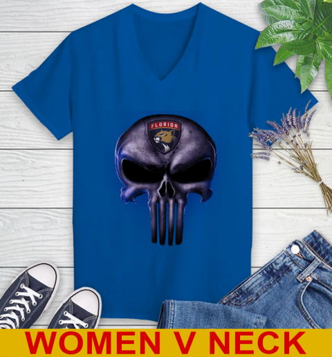 Florida Panthers NHL Hockey Punisher Skull Sports Women's V-Neck T-Shirt 9