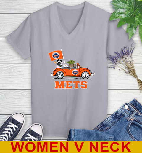 MLB Baseball New York Mets Darth Vader Baby Yoda Driving Star Wars Shirt Women's V-Neck T-Shirt 5