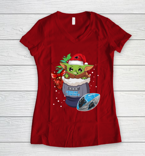 Carolina Panthers Christmas Baby Yoda Star Wars Funny Happy NFL Women's V-Neck T-Shirt 10