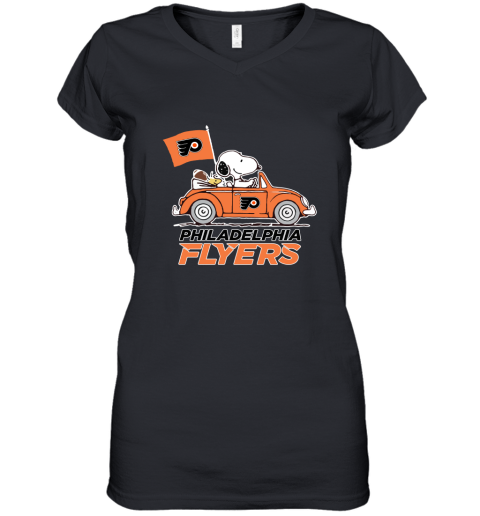 Snoopy And Woodstock Ride The Philadelphia Flyers Car NHL Women's V-Neck T-Shirt