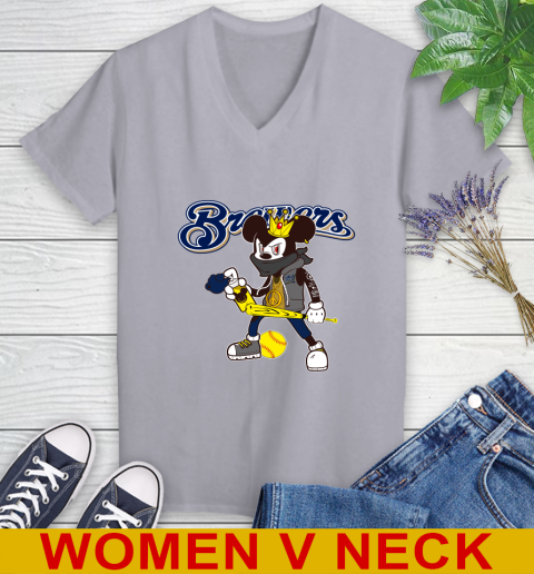 Milwaukee Brewers MLB Baseball Mickey Peace Sign Sports Women's V-Neck T-Shirt 5