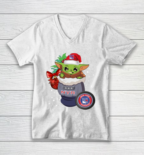 New York Rangers Christmas Baby Yoda Star Wars Funny Happy NHL V-Neck T-Shirt 2