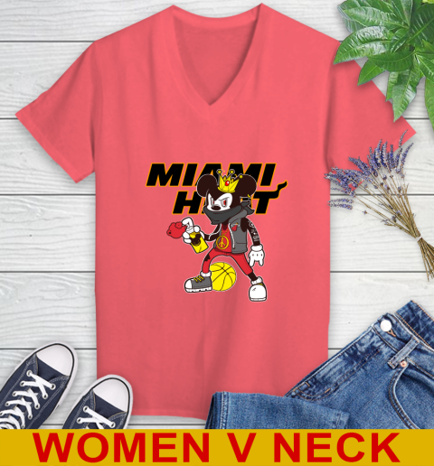 Miami Heat NBA Basketball Mickey Peace Sign Sports Women's V-Neck T-Shirt 7
