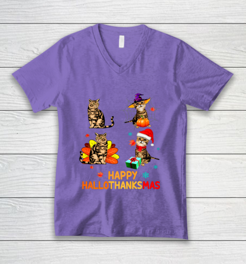 Cat Halloween Thanksgiving Christmas Happy Hallothanksmas V-Neck T-Shirt 8