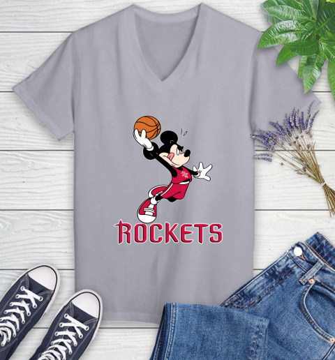 NBA Basketball Houston Rockets Cheerful Mickey Mouse Shirt Women's V-Neck T-Shirt 4
