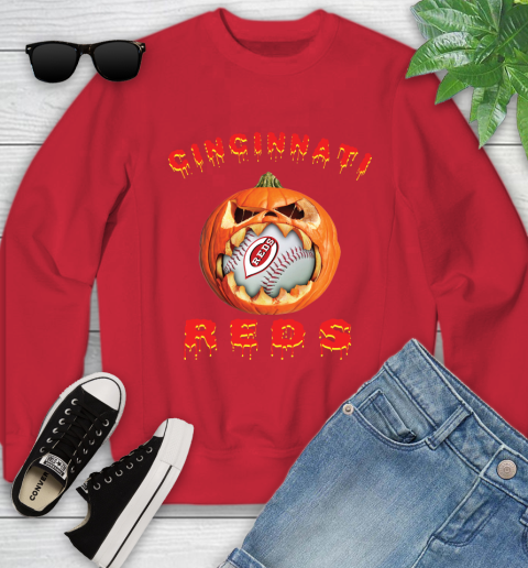 MLB Cincinnati Reds Halloween Pumpkin Baseball Sports Youth Sweatshirt 9