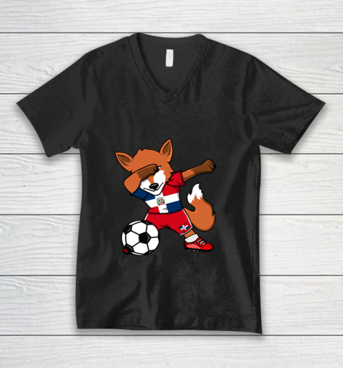 Dabbing Fox Dominican Republic Soccer Fans Jersey Football V-Neck T-Shirt