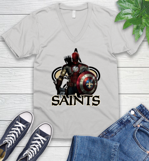 NFL Captain America Thor Spider Man Hawkeye Avengers Endgame Football New Orleans Saints V-Neck T-Shirt