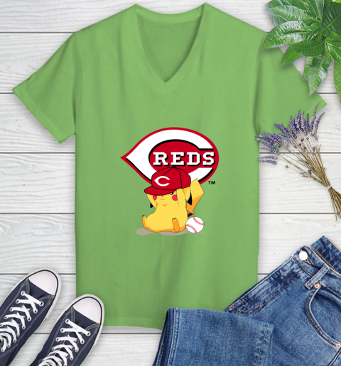 MLB Pikachu Baseball Sports Cincinnati Reds Women's V-Neck T-Shirt 11