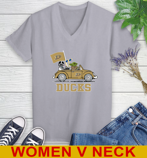 NHL Hockey Anaheim Ducks Darth Vader Baby Yoda Driving Star Wars Shirt Women's V-Neck T-Shirt 5