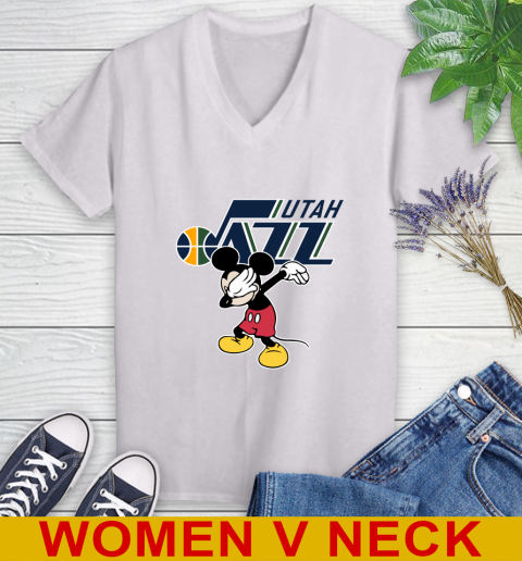 Utah Jazz NBA Basketball Dabbing Mickey Disney Sports Women's V-Neck T-Shirt