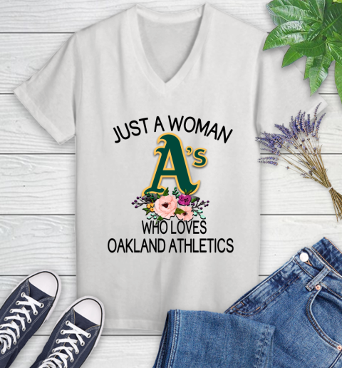 MLB Just A Woman Who Loves Oakland Athletics Baseball Sports Women's V-Neck T-Shirt