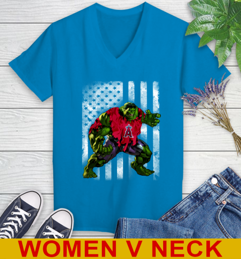 Los Angeles Angels Hulk Marvel Avengers MLB Baseball American Flag Women's V-Neck T-Shirt 7