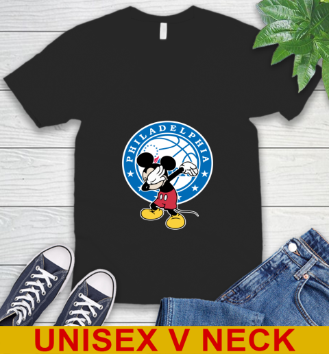 Philadelphia 76ers NBA Basketball Dabbing Mickey Disney Sports V-Neck T-Shirt 2