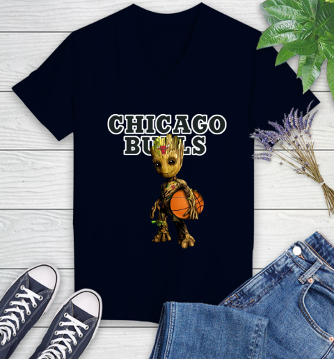 Chicago Bulls NBA Basketball Groot Marvel Guardians Of The Galaxy Women's V-Neck T-Shirt 3