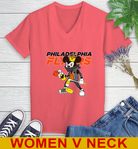 Philadelphia Flyers NHL Hockey Mickey Peace Sign Sports Women's V-Neck T-Shirt 7