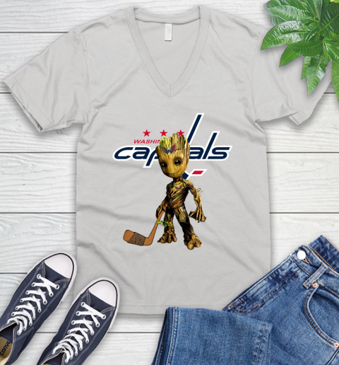 Washington Capitals NHL Hockey Groot Marvel Guardians Of The Galaxy V-Neck T-Shirt