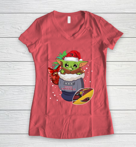 Arizona Cardinals Christmas Baby Yoda Star Wars Funny Happy NFL Women's V-Neck T-Shirt 6