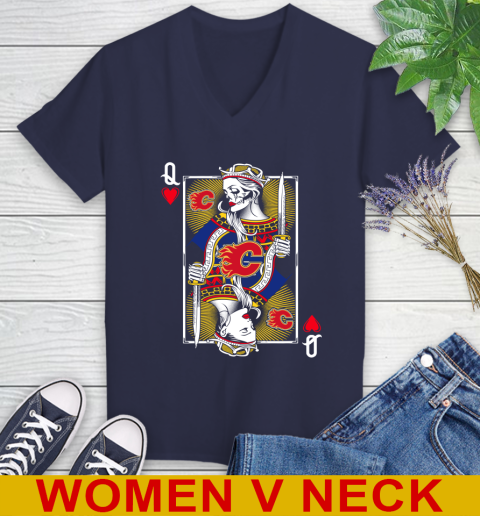NHL Hockey Calgary Flames The Queen Of Hearts Card Shirt Women's V-Neck T-Shirt 12