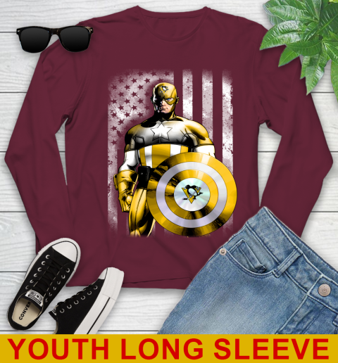 Pittsburgh Penguins NHL Hockey Captain America Marvel Avengers American Flag Shirt Youth Long Sleeve 6