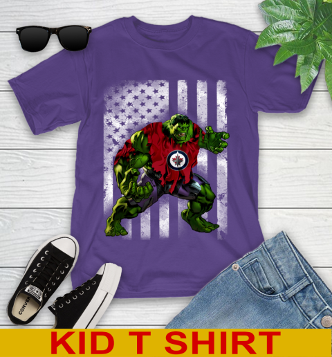 Winnipeg Jets Hulk Marvel Avengers NHL Hockey American Flag Youth T-Shirt 3